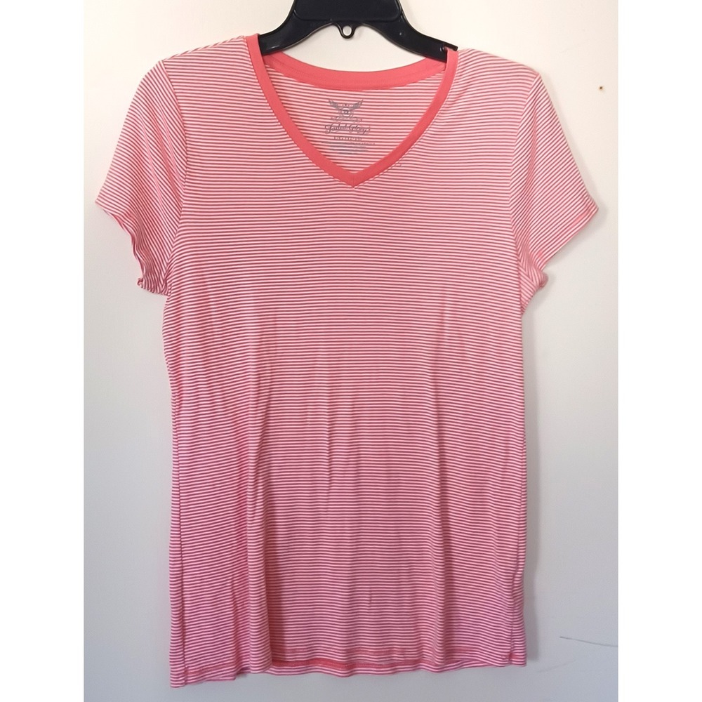 Faded Glory Womens Coral Pink‎ White Striped V-Neck Short Sleeve Tee L 12-14